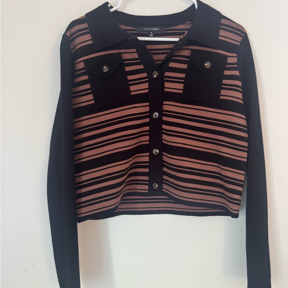 Black and Blue Long Sleeve Polo Collar Crop Shirt